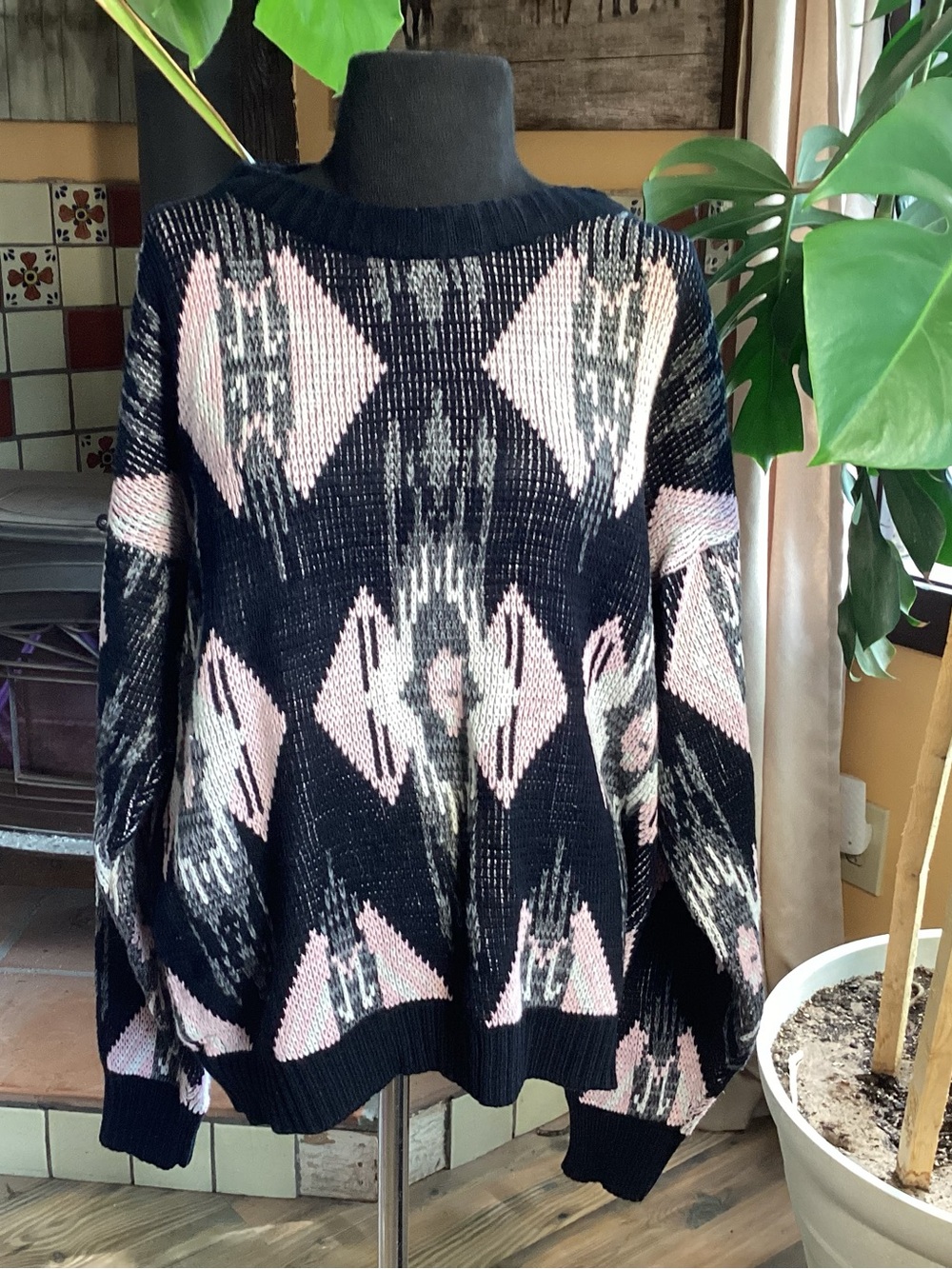 80’s/90’s Vintage Front Line Knit Sweater in Black, Pink & Gray- Rare Colors